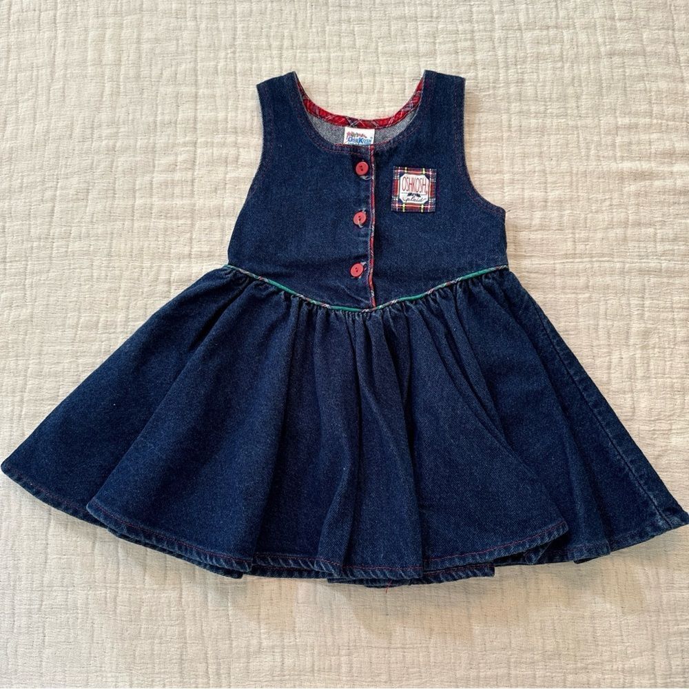 VTG Oshkosh Girls 4 Denim Jumper Overall Dress Blue Red Plaid Christmas USA